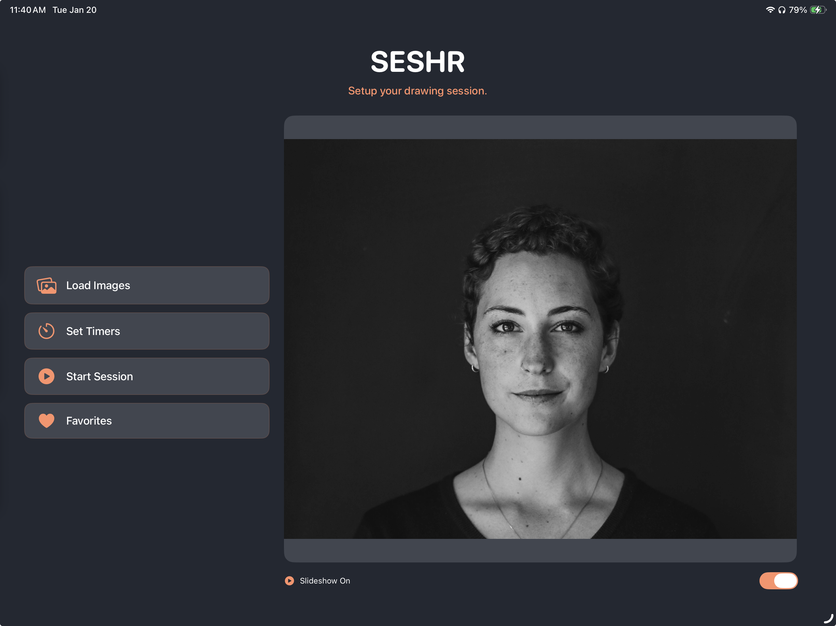Seshr app full screen on iPad showing reference image and timer